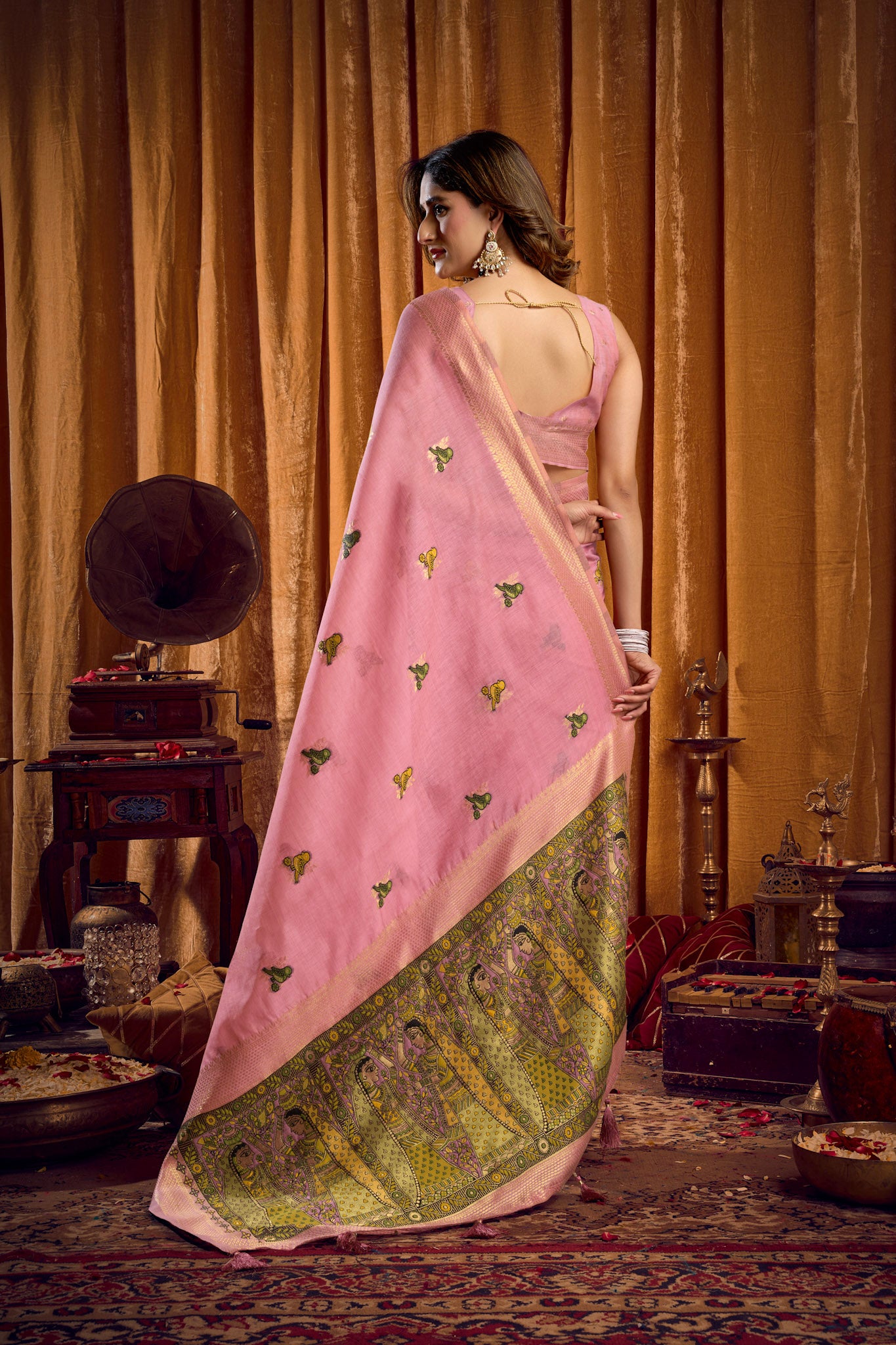 Saree with Golden Border and Butterfly Embroidery, Traditional Indian Ethnic Wear for Women with blouse piece (Pink).