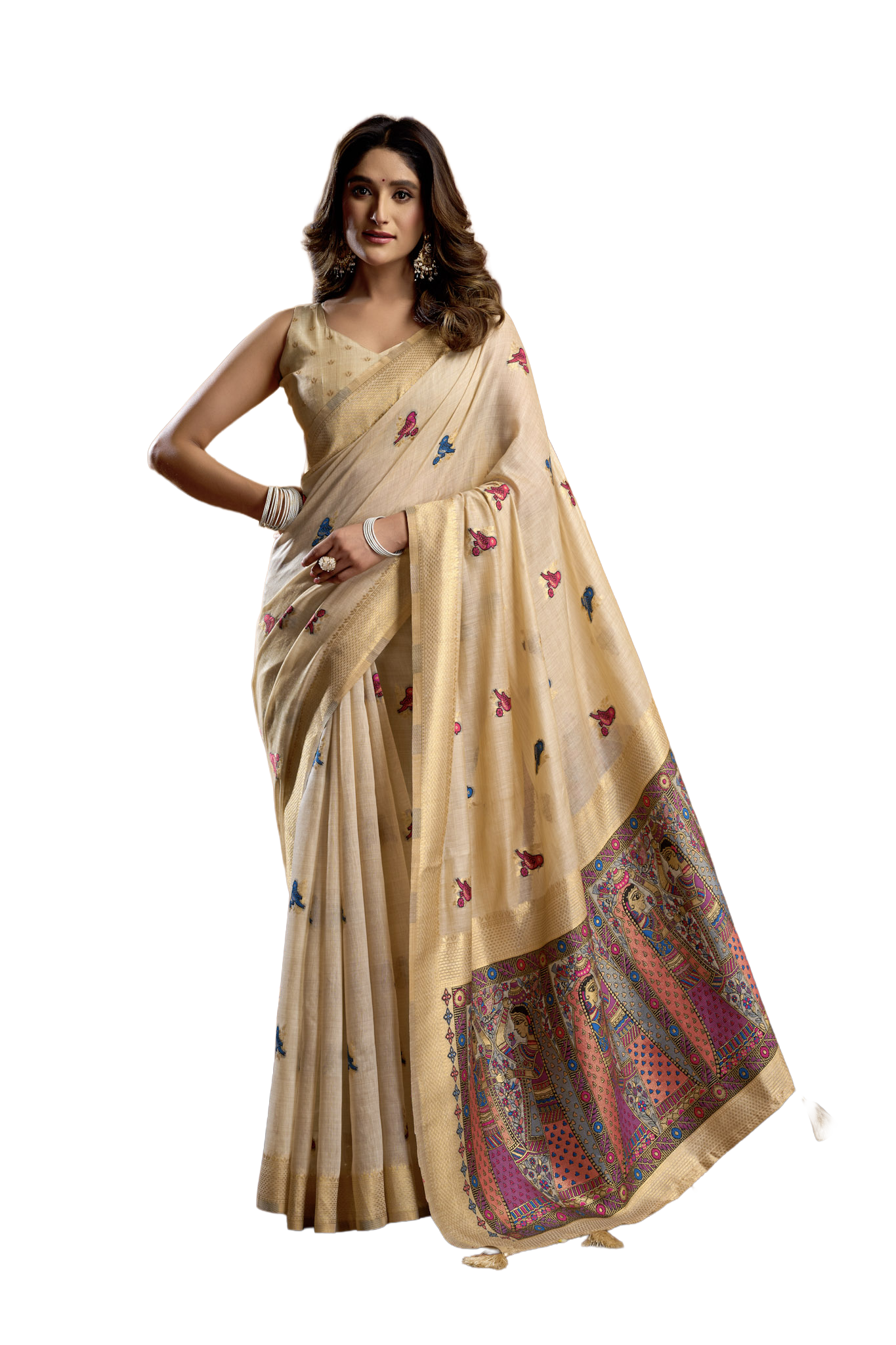 Saree with Golden Border and Butterfly Embroidery, Traditional Indian Ethnic Wear for Women with blouse piece (Beige).