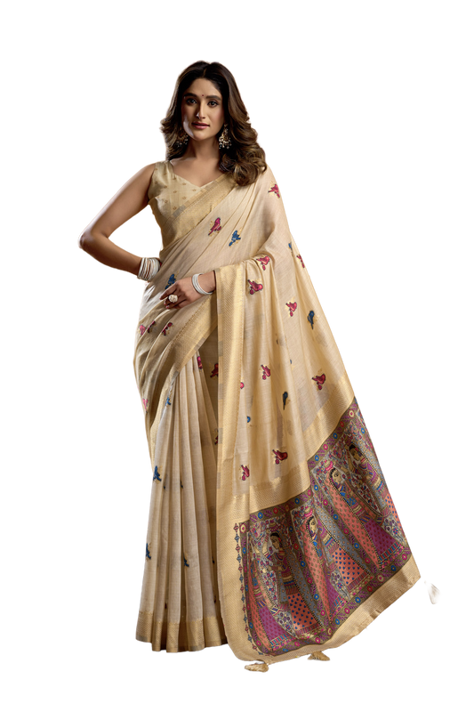 Saree with Golden Border and Butterfly Embroidery, Traditional Indian Ethnic Wear for Women with blouse piece (Beige).