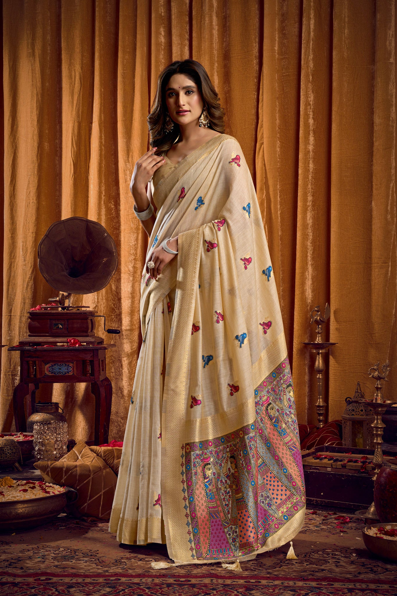 Saree with Golden Border and Butterfly Embroidery, Traditional Indian Ethnic Wear for Women with blouse piece (Beige).