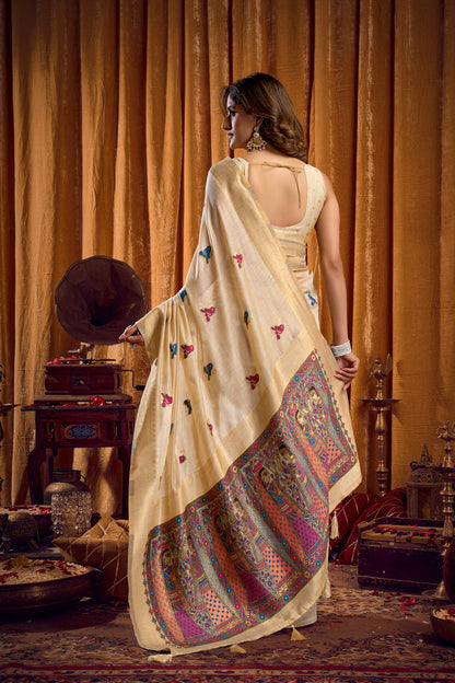 Saree with Golden Border and Butterfly Embroidery, Traditional Indian Ethnic Wear for Women with blouse piece (Beige).