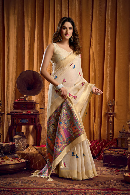 Saree with Golden Border and Butterfly Embroidery, Traditional Indian Ethnic Wear for Women with blouse piece (Beige).