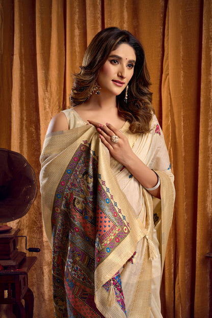 Saree with Golden Border and Butterfly Embroidery, Traditional Indian Ethnic Wear for Women with blouse piece (Beige).
