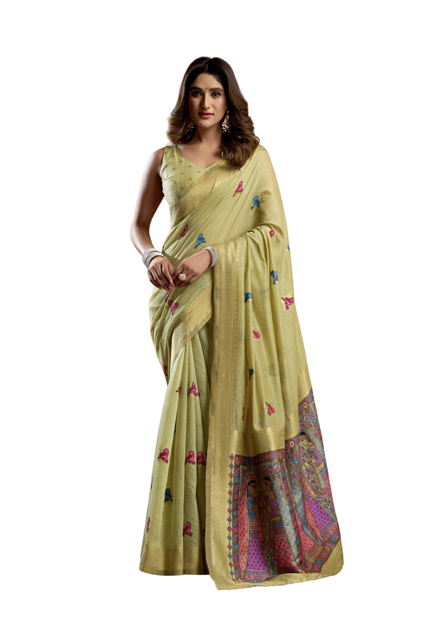Saree with Golden Border and Butterfly Embroidery, Traditional Indian Ethnic Wear for Women with blouse piece (Olive Green).