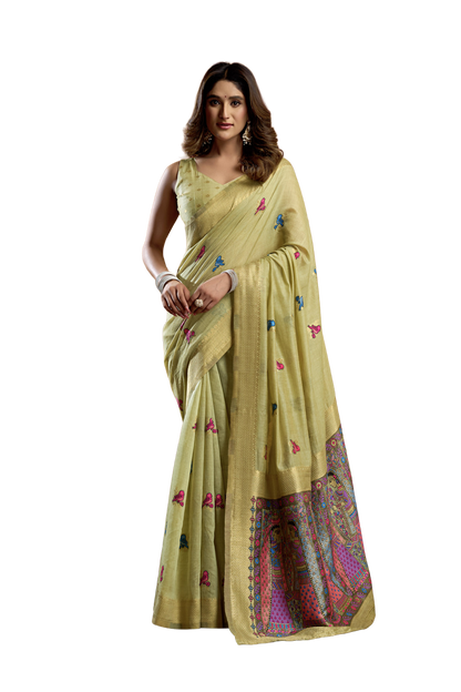 Saree with Golden Border and Butterfly Embroidery, Traditional Indian Ethnic Wear for Women with blouse piece (Olive Green).