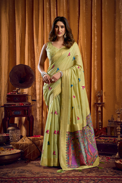 Saree with Golden Border and Butterfly Embroidery, Traditional Indian Ethnic Wear for Women with blouse piece (Olive Green).