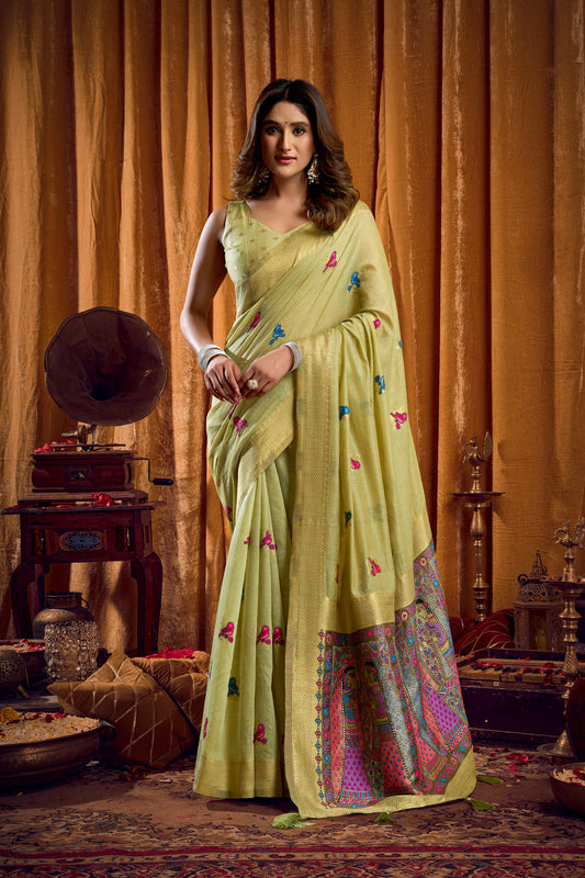 Saree with Golden Border and Butterfly Embroidery, Traditional Indian Ethnic Wear for Women with blouse piece (Olive Green).