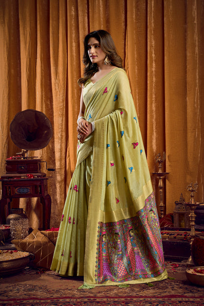 Saree with Golden Border and Butterfly Embroidery, Traditional Indian Ethnic Wear for Women with blouse piece (Olive Green).