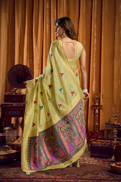Saree with Golden Border and Butterfly Embroidery, Traditional Indian Ethnic Wear for Women with blouse piece (Olive Green).