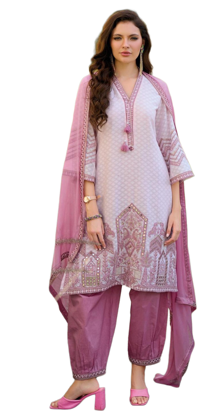 Designer Embroidered muslin print handwork fully stitch, Traditional Indian 3 Piece Kurta with Palazzo Pants and Dupatta, Ethnic Wear Collection