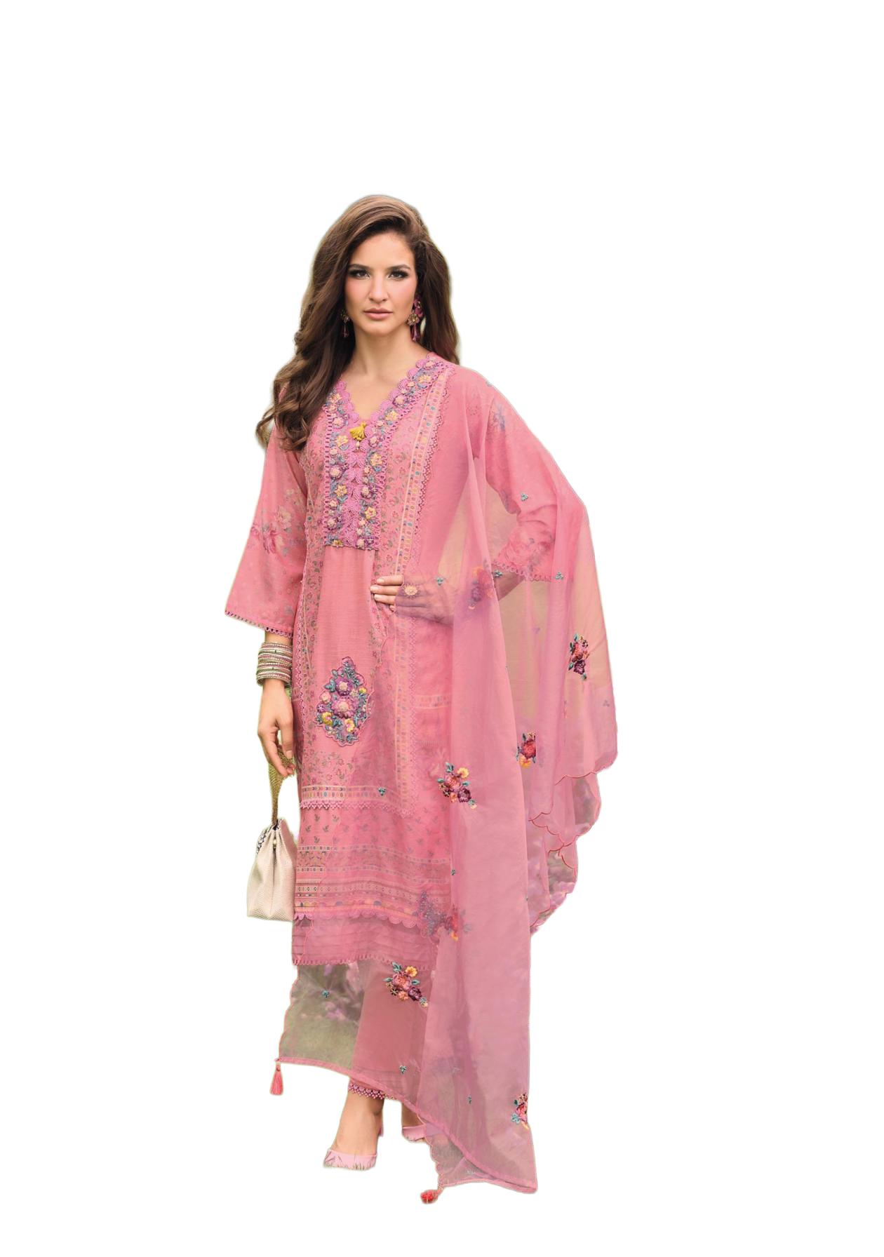 Luxury Salwar Kameez Set, Embroidered Cotton Kurta with Dupatta and Pants, Traditional 3-Piece Ethnic Wear with Floral Embellishments (PINK))