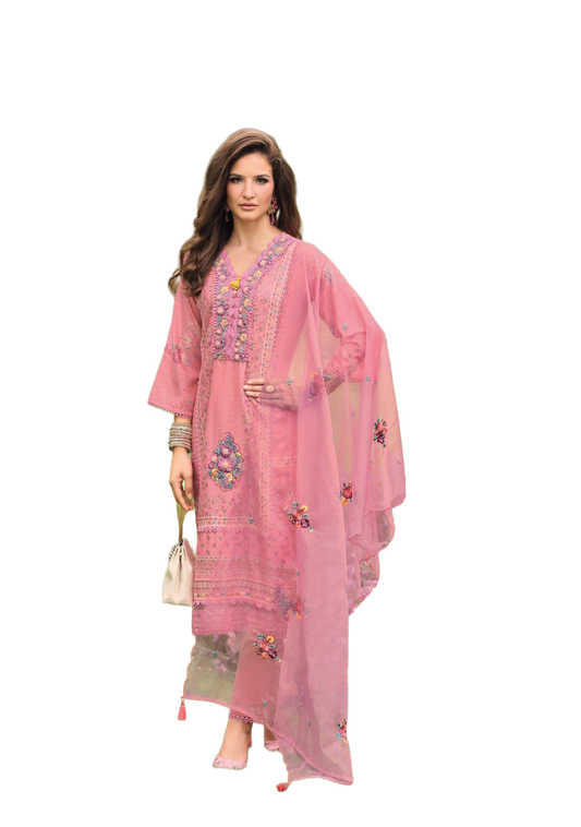 Luxury Salwar Kameez Set, Embroidered Cotton Kurta with Dupatta and Pants, Traditional 3-Piece Ethnic Wear with Floral Embellishments (PINK))