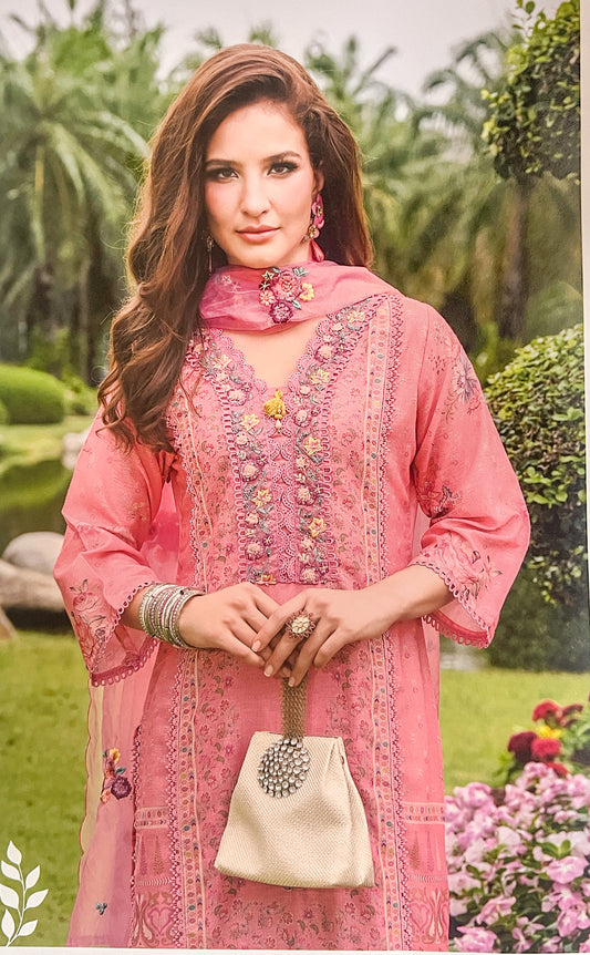 Luxury Salwar Kameez Set, Embroidered Cotton Kurta with Dupatta and Pants, Traditional 3-Piece Ethnic Wear with Floral Embellishments (PINK))