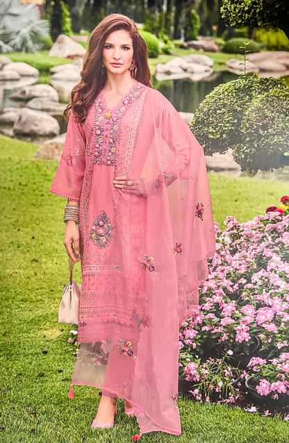 Luxury Salwar Kameez Set, Embroidered Cotton Kurta with Dupatta and Pants, Traditional 3-Piece Ethnic Wear with Floral Embellishments (PINK))