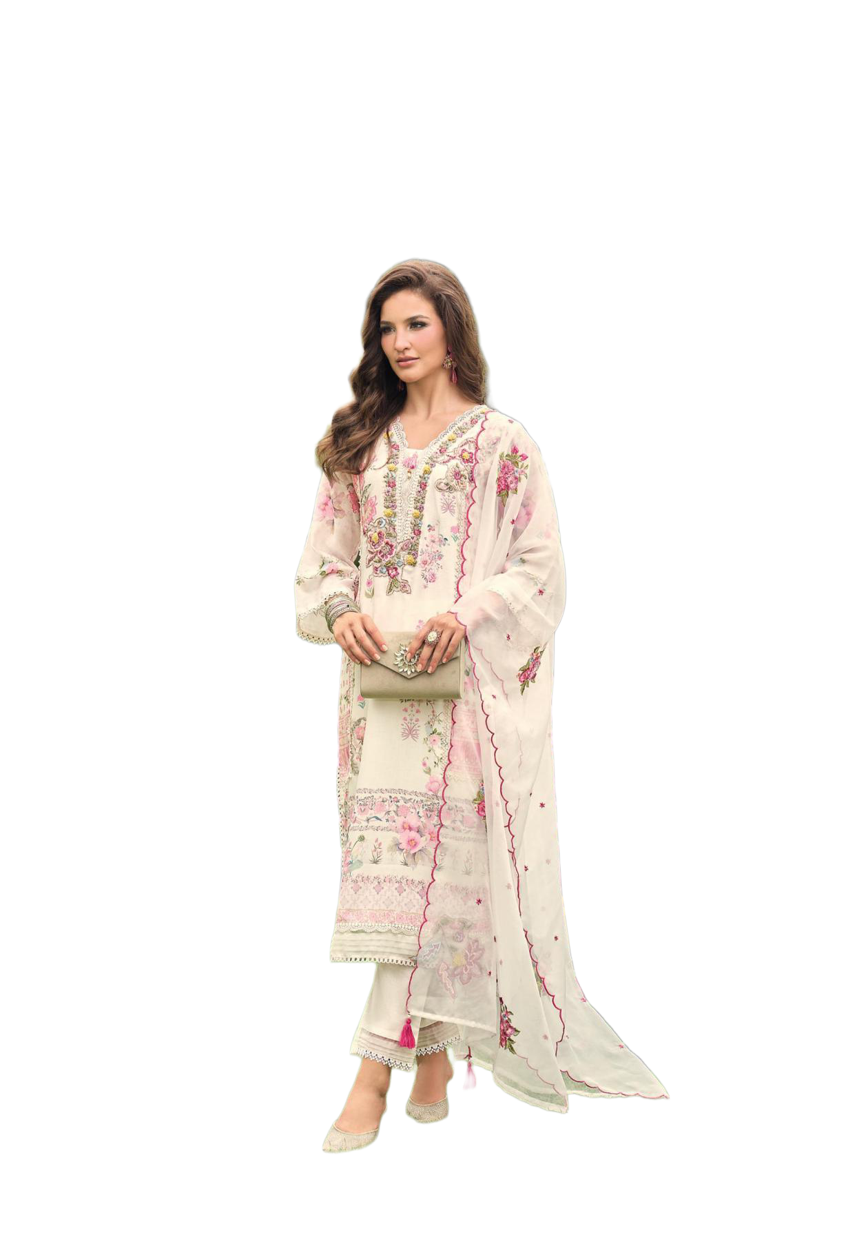 Luxury Salwar Kameez Set, Embroidered Cotton Kurta with Dupatta and Pants, Traditional 3-Piece Ethnic Wear with Floral Embellishments (IVORY)