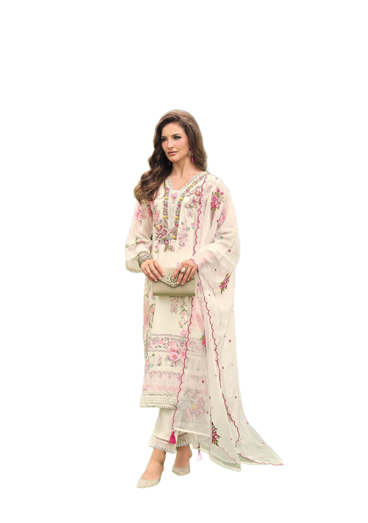 Luxury Salwar Kameez Set, Embroidered Cotton Kurta with Dupatta and Pants, Traditional 3-Piece Ethnic Wear with Floral Embellishments (IVORY)