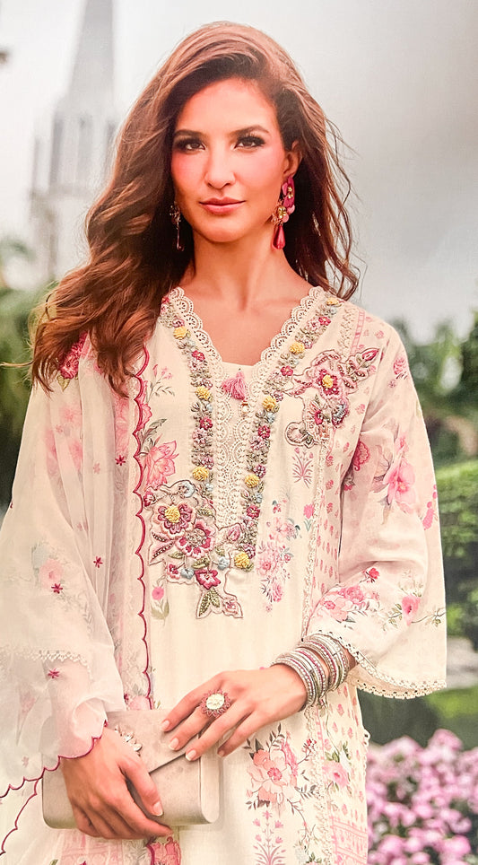Luxury Salwar Kameez Set, Embroidered Cotton Kurta with Dupatta and Pants, Traditional 3-Piece Ethnic Wear with Floral Embellishments (IVORY)