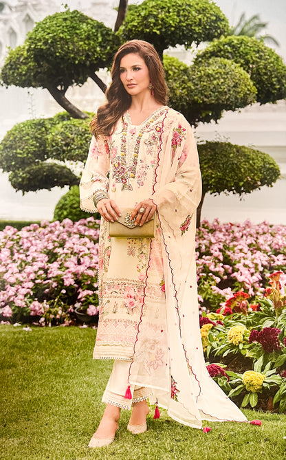 Luxury Salwar Kameez Set, Embroidered Cotton Kurta with Dupatta and Pants, Traditional 3-Piece Ethnic Wear with Floral Embellishments (IVORY)