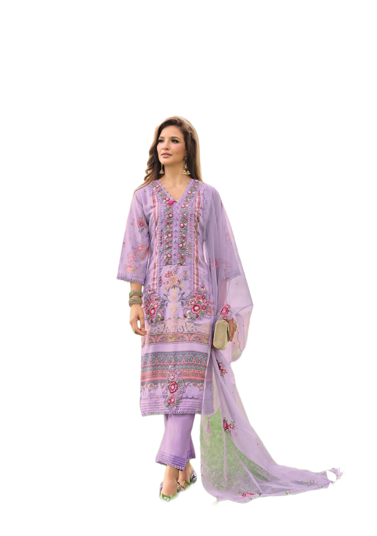 Luxury Salwar Kameez Set, Embroidered Cotton Kurta with Dupatta and Pants, Traditional 3-Piece Ethnic Wear with Floral Embellishments (PURPLE)