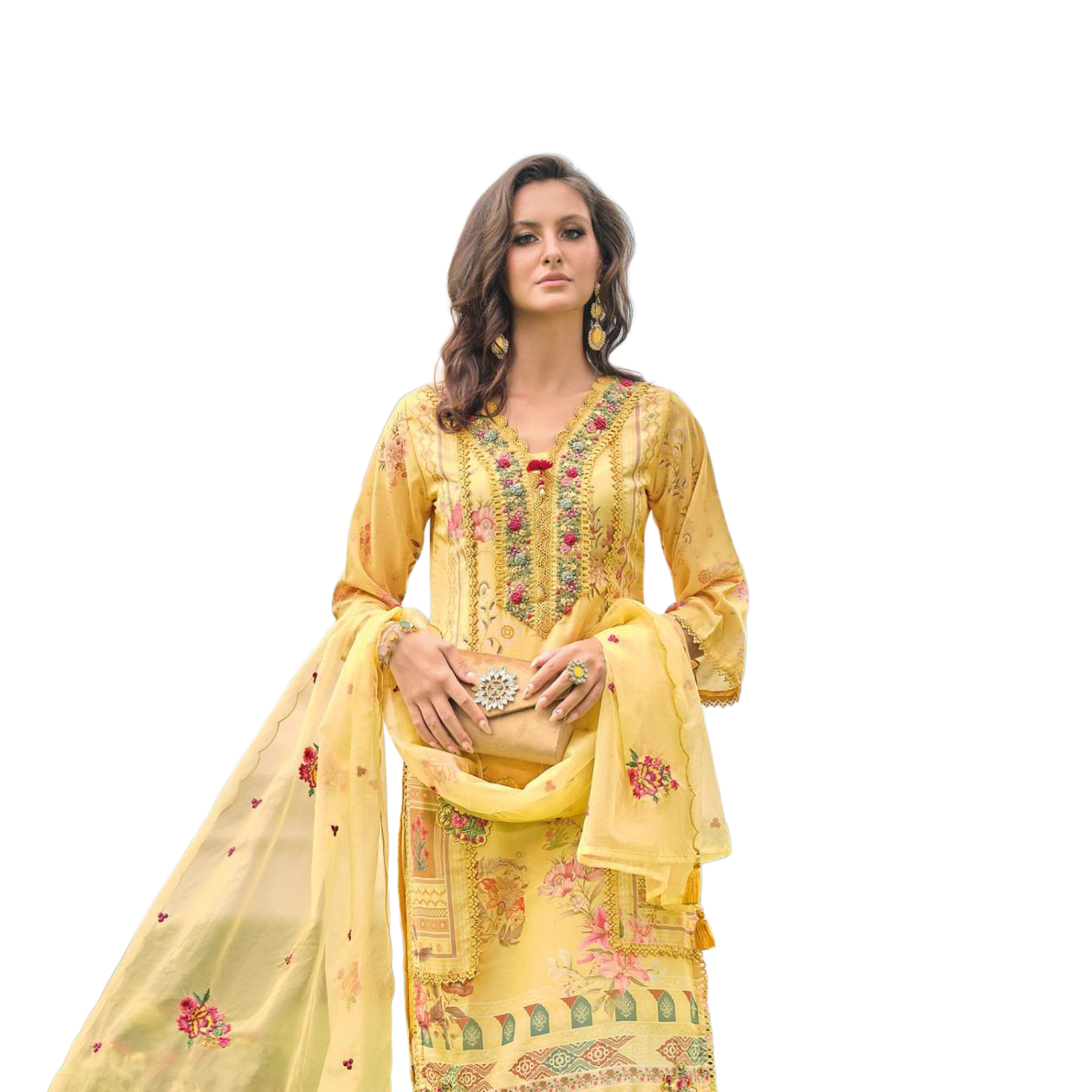 Luxury Salwar Kameez Set, Embroidered Cotton Kurta with Dupatta and Pants, Traditional 3-Piece Ethnic Wear with Floral Embellishments (YELLOW)