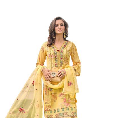 Luxury Salwar Kameez Set, Embroidered Cotton Kurta with Dupatta and Pants, Traditional 3-Piece Ethnic Wear with Floral Embellishments (YELLOW)
