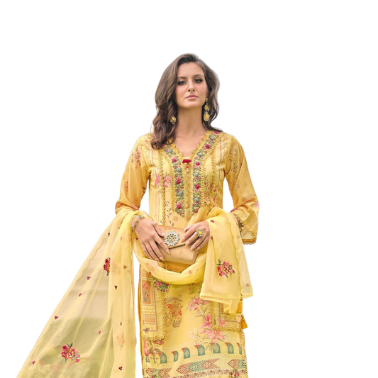 Luxury Salwar Kameez Set, Embroidered Cotton Kurta with Dupatta and Pants, Traditional 3-Piece Ethnic Wear with Floral Embellishments (YELLOW)