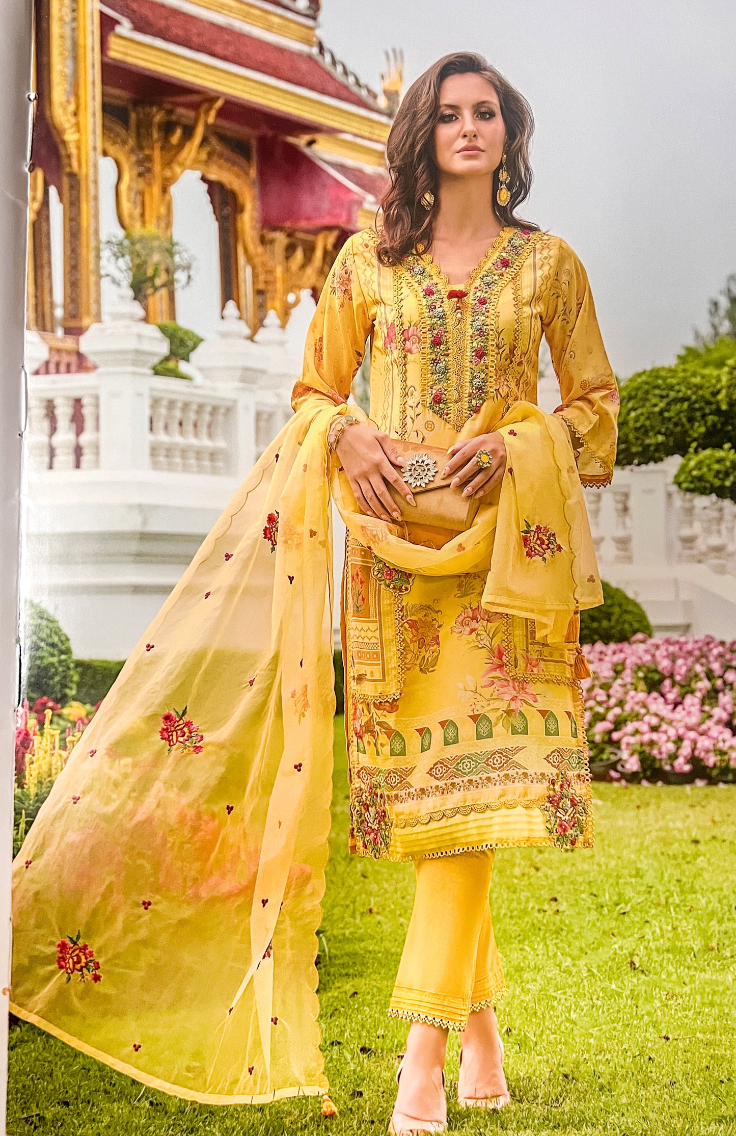 Luxury Salwar Kameez Set, Embroidered Cotton Kurta with Dupatta and Pants, Traditional 3-Piece Ethnic Wear with Floral Embellishments (YELLOW)