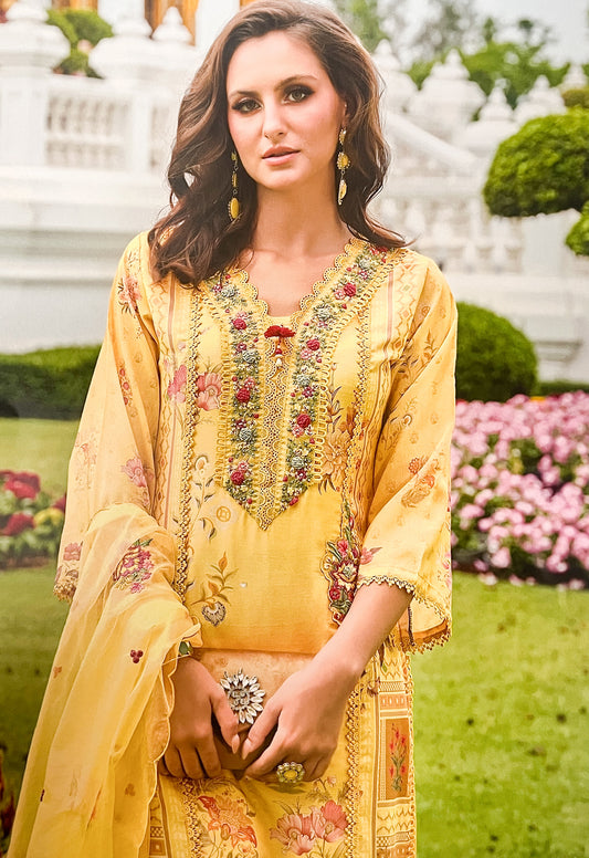 Luxury Salwar Kameez Set, Embroidered Cotton Kurta with Dupatta and Pants, Traditional 3-Piece Ethnic Wear with Floral Embellishments (YELLOW)