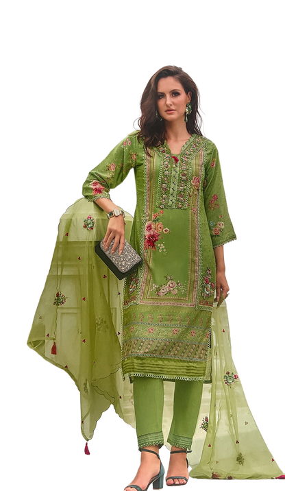 Luxury Salwar Kameez Set, Embroidered Cotton Kurta with Dupatta and Pants, Traditional 3-Piece Ethnic Wear with Floral Embellishments (GREEN)