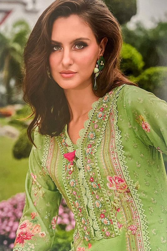 Luxury Salwar Kameez Set, Embroidered Cotton Kurta with Dupatta and Pants, Traditional 3-Piece Ethnic Wear with Floral Embellishments (GREEN)