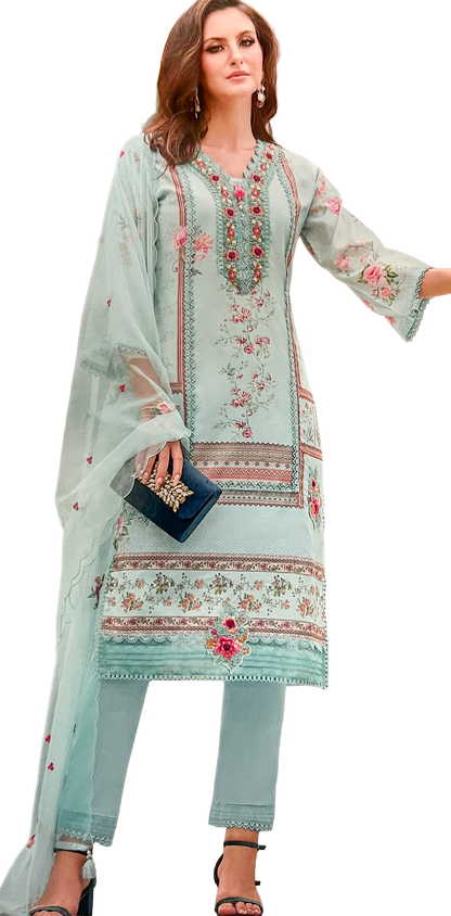 Luxury Salwar Kameez Set, Embroidered Cotton Kurta with Dupatta and Pants, Traditional 3-Piece Ethnic Wear with Floral Embellishments (LIGHT BLUE)