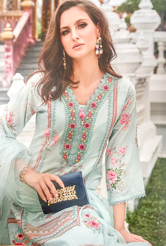 Luxury Salwar Kameez Set, Embroidered Cotton Kurta with Dupatta and Pants, Traditional 3-Piece Ethnic Wear with Floral Embellishments (LIGHT BLUE)