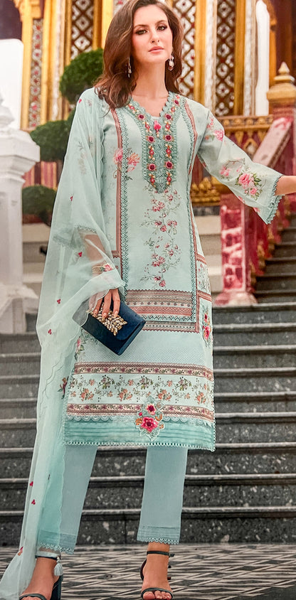 Luxury Salwar Kameez Set, Embroidered Cotton Kurta with Dupatta and Pants, Traditional 3-Piece Ethnic Wear with Floral Embellishments (LIGHT BLUE)